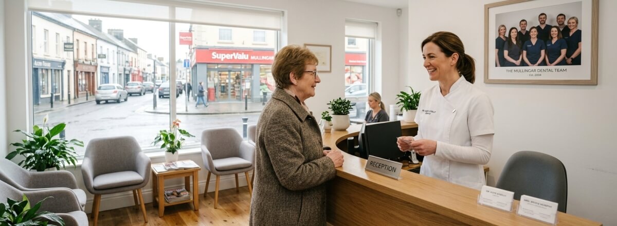 Patient greeted by a dentist at the reception desk of a bright Mullingar dental clinic, with a team photo on the wall and a high-street view through the window.