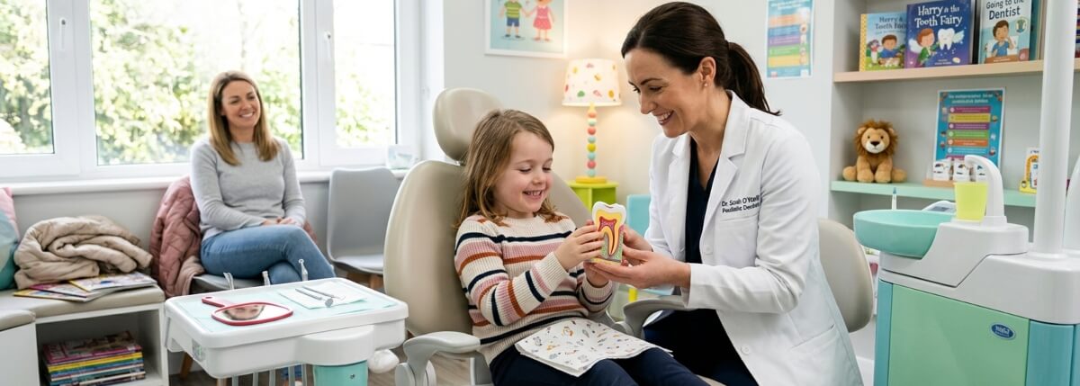 Paediatric dentist showing a tooth model to a smiling child in a colourful, kid-friendly treatment room while the mother watches nearby.